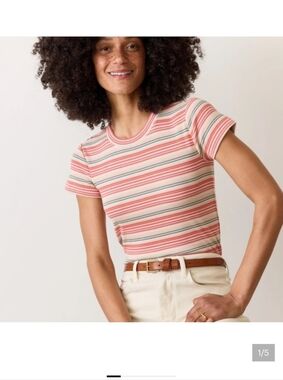 Marine Layer Striped Rib Crew Tee in Pink and Cream